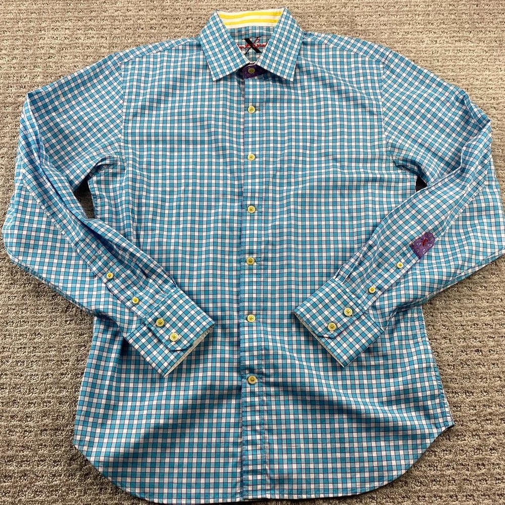 Robert Graham X Shirt Men Medium M Blue Purple White Checkered Button Up Casual